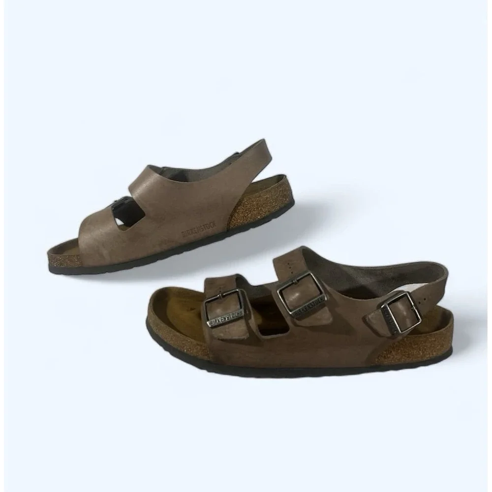 Birkenstock mens Brown Leather Double Strap Milano Sandal 43 S1